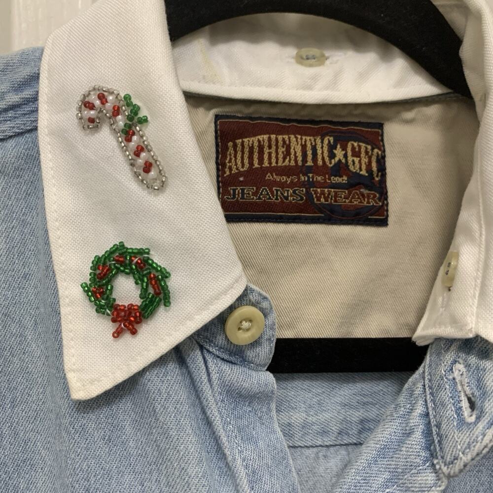 Vtg Upcycled Denim Shirt M 5 Interchangeable Collars Holiday Christmas Halloween - Picture 4 of 14